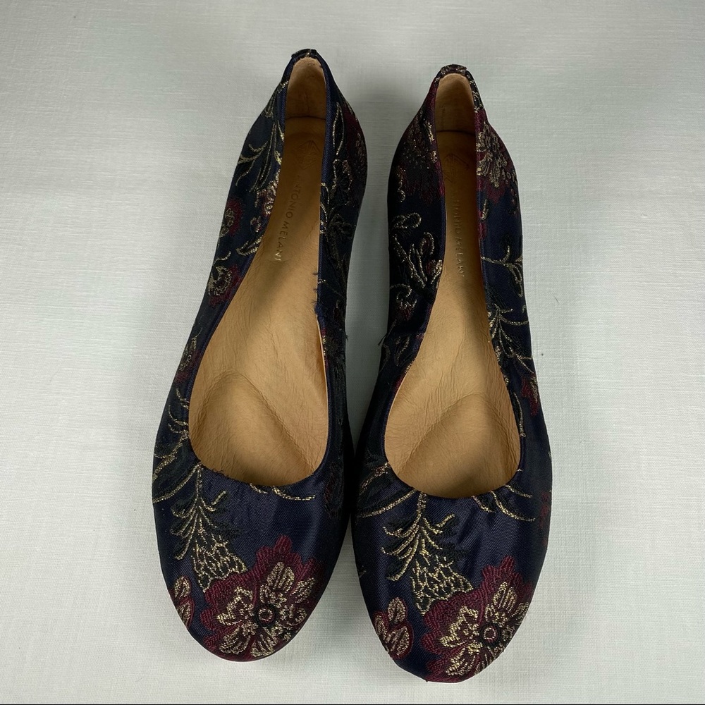ANTONIO MELANI Navy Brocade Floral Flats with Gold Embroidery - Picture 11 of 13